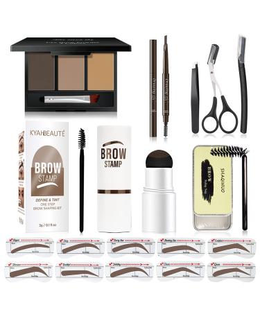 Eyebrow Stamp Stencil Kit, Includes Eyebrow Stamp, Brow Stencils, Eyebrow Pencil, Eyebrow Soap, Eyebrow Powder, 3 in 1 Eyebrow Razor Kit, Long Lasting Waterproof Perfect Eyebrow Makeup Kit for Women Girl Medium Brown Set