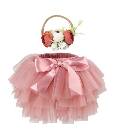HOOLCHEAN Baby Girls Soft Tutu Skirt and Flower Headband Sets with Diaper Cover 6-12 Months Dusty Pink