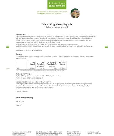 Buy Sanct Bernhard Selenium 100 g Mono Capsules - 180 Pure Selenium Capsules for Optimal Health - Buy Online on GoSupps.com