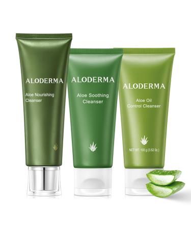 Aloderma Aloe Cleanser Set 3 Pieces - Nourishing Soothing Oil Controlling Cleansers - Face Wash Set