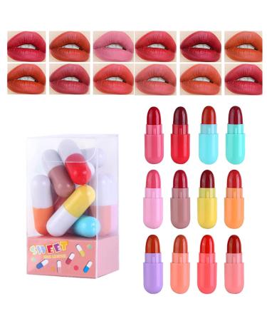 BONNIE CHOICE Mini Pill Capsule Lipstick, Mini Matte Lipstick Set 12PCS Capsule Lipstick, 12 Colors Velvety Waterproof Long Lasting Mini Cute Capsules lipstick Set for Girls Women 12 Colors(Mini Pill)