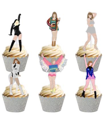 18pcs Glitter Guitar Girls Dessert Cupcake Topper Cheer to Worldwide Popular Female Singer Concert Theme Decor Pick for Fan Men Women Happy Birthday Folklore Music Party Decorations Supplies