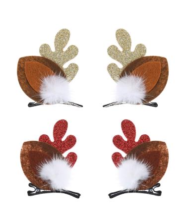 WLLHYF 4PCS Christmas Hair Clip  Cute Xmas Reindeer Antler Hairpin Girl Women Hair Clips Xmas Hair Barrettes with Pom Balls Deer Ear Hair Accessories Festive Party Cosplay Gifts