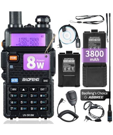 BaoFeng UV-5R 8W High Power Two Way Radio Portable Ham Radio Handheld with one More 3800mAh Battery,Speaker, Antenna, USB Program Cable and Earpiece Black-1Pack Full Kits