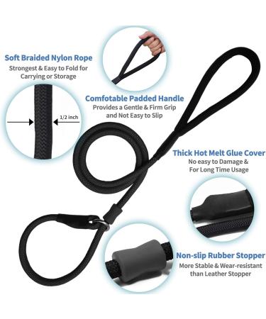 Strong Slip Lead Dog Leash - Heavy Duty Nylon Training Leash for Small, Medium, Large Dogs - Durable Grey Rope Lead with Rubber Stopper & Padded Handle - No Pull Walking Leash - 1.2m x 1.1cm Black - Buy Online on GoSupps.com