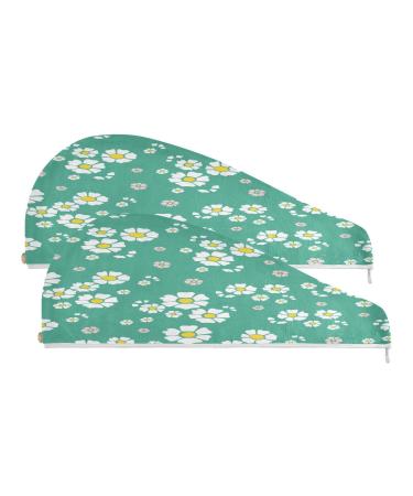 Green Fresh Daisy Dry Hair Cap 2 Piece Quick Drying Towel Set with Button Headband Super Absorbent Soft & Comfortable