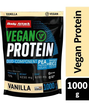 Body Attack Vegan Duo Protein 1000g - Vanilla | 33 Portions EAAs & BCAAs Sugar-Free Eco-Friendly Zip-Lock | Made in Germany - Buy Online on GoSupps.com