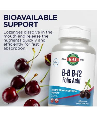 KAL Vitamin B-6 B-12 Folic Acid Supplement | Healthy Energy, Heart & Blood Cell Support | Cherry Lozenges - 60 Servings - Buy Online on GoSupps.com