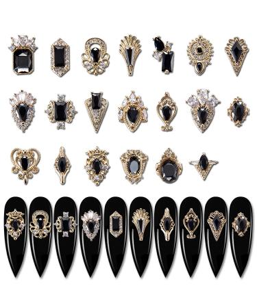 20pcs Nail Art Charms Gems Kit - 24K Gold 3D Luxury Black Zircon Nail Diamonds Art Jewels Stones Decoration, Not Nail Crystal Rhinestones Material 20pcs-style1