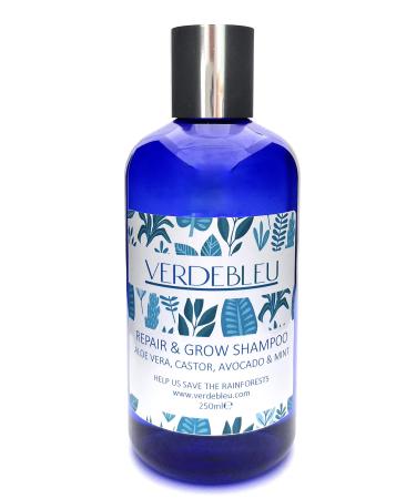 99% Natural HAIR GROWTH SHAMPOO - ALOE VERA CASTOR AVOCADO & MINT 250ml by VERDEBLEU No Sulfates Parabens. PH Balanced. We Donate 5% of Profits to Save the Rainforests