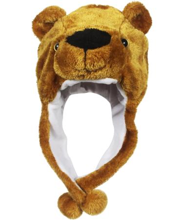 Cute Plush Brown Bear Winter Hat with Long Ear Straps and Pom Pom Ends - Buy Online on GoSupps.com