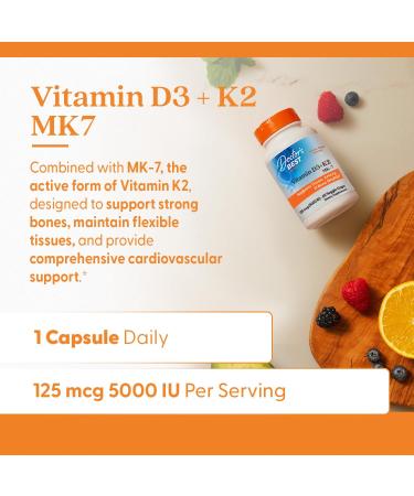 Doctor's Best Vitamin D3 + K2 (Vitamin K2 as MK-7) Supports Bone Tissue & Arterial Health Calcium Absorption Non-GMO Gluten Free Vegetarian 5000 IU 60 Veggie Caps - Buy Online on GoSupps.com