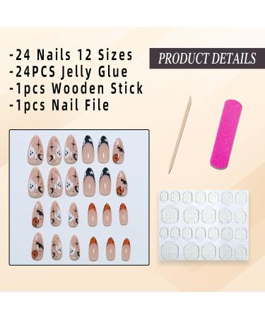 Buy Halloween French Tip Press on Nails - Medium Almond Glossy Nude with Pumpkin Ghost Bat Designs | 24Pcs Cute Spooky Stick on Nails for Women & Girls - Buy Online on GoSupps.com