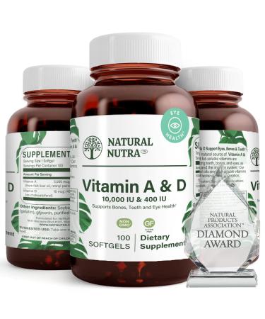 Natural Nutra Vitamin A and D, Sourced from Cod Liver Oil, 10000IU/400IU, Healthy Bones Supplement, Promotes Strong Teeth and Eyes, Improves Heart and Muscle Function, Immune System, 100 Softgels 100 Count (Pack of 1)