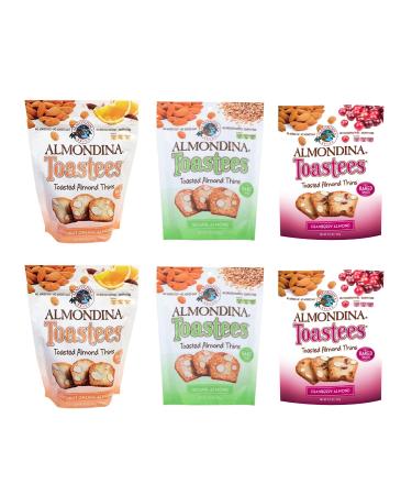 Almondina Toastees, Variety Pack Flavors, Toasted Almond Thins Snack, Non-Dairy and Kosher, Baked with Natural Ingredients, 5.25-Ounce Package (Pack of 6) Variety 5.25 Ounce (Pack of 6)