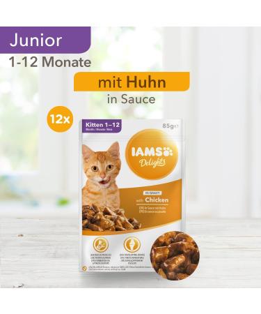IAMS Delights Kitten Wet Food - High-Quality Chicken in Sauce Multipack (12 x 85g) | Ideal for Junior Kittens (1-12 Months) - International Shipping Available - Buy Online on GoSupps.com