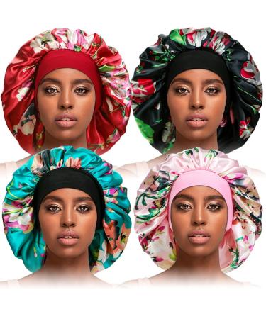 4 Pcs Silky Sleep Bonnet Extra Large Hair Bonnets for Women Hair Care Satin Sleeping Cap Big Bonnets for Curly Hair XL Multicolor