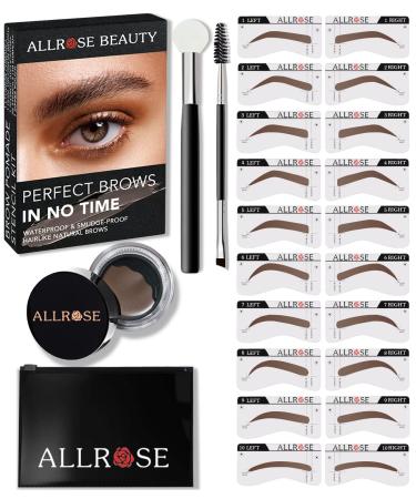 ALLROSE Eyebrow Stamp and Eyebrow Stencil Kit - Eye Brow Stamping Kit for Perfect Bushy Eyebrows, 20 Brow Stencils, Brow Stamp Trio Kit with Sponge Applicator, Waterproof Eyebrow Kit, Brown