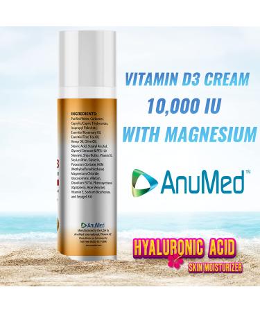 ANUMED Vitamin D3 10000 IU Cream with Magnesium, Hyaluronic Acid, Vitamin E - 3oz Non-Greasy Formula for Skin, Bones, Muscles, Joints, Heart & Immune System - 0.32oz (Pack of 1) - Buy Online on GoSupps.com