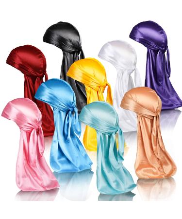Supaze 9Pcs Silky Durags Set, Silk Durag for Men Women, Durags Pack with Elastic Long Tail and Wide Straps for 360 Waves (Multiple Colors) pink, yellow, sky blue, blue, purple, brown, red, white, black