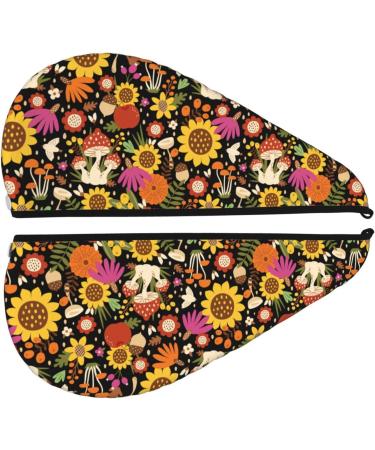 Hair Towel Wrap - Quick Drying Hair Turban with Button | Sunflowers & Mushrooms Design - Buy Online on GoSupps.com