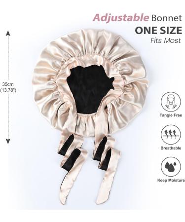 Hat Hut Satin Bonnet for Curly Hair | Double Layer Reversible Sleeping Cap | Champagne/Black - Buy Online on GoSupps.com