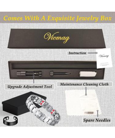 Vicmag Men Titanium Steel Magnetic Bracelet - Double Row 3500 Gauss Wristband with Adjustment Tool - Silver 4 Elements - Jewelry Gift Box - Buy Online on GoSupps.com