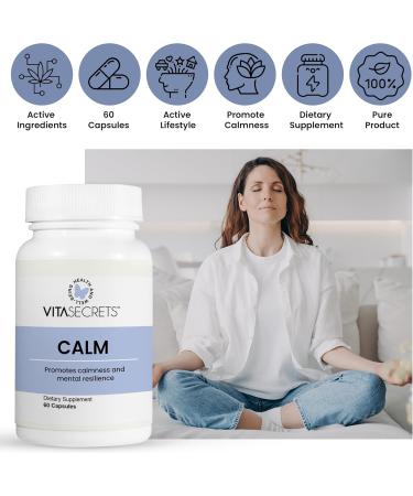 Vitasecrets Calm Stress Relief Supplement - Ashwagandha Capsules GABA Green Tea Extract and L Theanine Boosts Mood Gluten Free No Artificial Colors or Preservatives - 60 Capsules - Buy Online on GoSupps.com