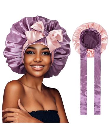 WEIPAO Silk Satin Bonnet - Silk Hair Wrap for Sleeping Satin Bonnet for Curly Hair Sleep Cap Large Double Sided Reversible Hair Bonnet with Tie Band One Size Taro Purple+Pink
