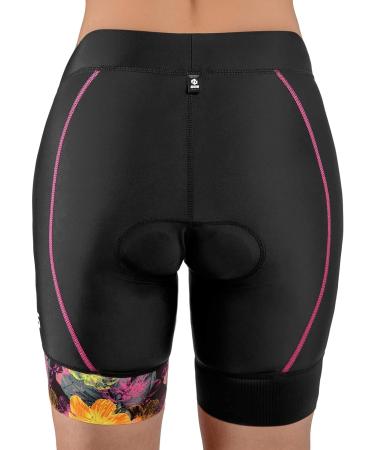 Women's Triathlon Shorts with Soft Chamois FX Print | Slim Fit Black/Sunrise Blooms - Medium - Buy Online on GoSupps.com