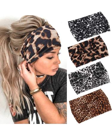 GORTIN Boho Headbands Black Yoga Leopard Hair Bands Stretch Wide Head Bands Twist Turban Knot Sweatbands Elastic Hair Wraps for Women and Girls Pack of 4