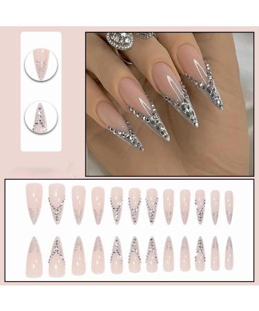 BABALAL Long Stiletto Press on Nails - Silver French Tip Glitter Acrylic Nails with Rhinestones | Manicure Set for Women & Girls - FNI16sliver - Buy Online on GoSupps.com