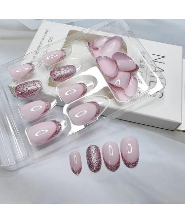 Almond Fake Nails Long 24Pcs Glitter French False Nails Pink Glitter Press on Nails Full Cover Stick on Nails with Nail Glue Oval French Nail Tips for Women Girls Nails Art French Pink Glitter - Buy Online on GoSupps.com