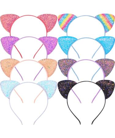 Beinou Glitter Cat Ears Headband 8 Pcs Kitty Headband for Girls and Women Sparkly Glitter Hair Metal Hoop Shiny Hairbands Hair Accessories for Daily Wearing and Party Decoration 8 Count (Pack of 1)