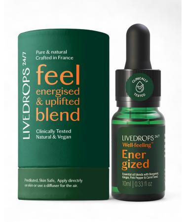 Livedrops 24/7 Energized Essential Oil Blend - Bergamot Ginger Pink Pepper - Natural Aromatherapy for Energy & Focus - Skin-Safe & Diffuser-Ready - Clinically Tested - Crafted in France