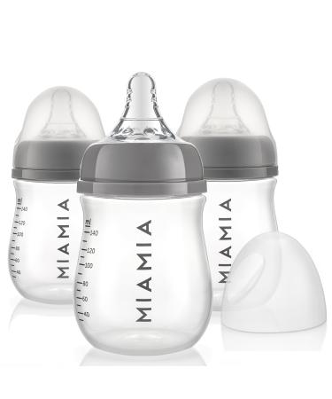 MiaMia 3x baby bottle with anti-colic teat size S - 3 PP bottles with silicone teats - transparent grey (140 ml) - Buy Online on GoSupps.com