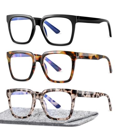EASY READ 3 Pairs Reading Glasses for Women Squre Computer Blue Light Blocking Anti UV Readers with Spring Hinge Black/Tortoise/Grey 1.5 x