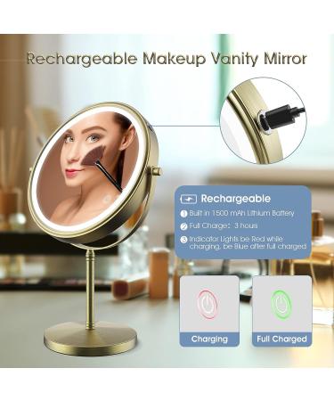 Zelaxy 8 Rechargeable Makeup Vanity Mirror with Lights - Double Sided 1X 10X Magnifying, 3 Color Lighting, Touch Sensor Dimming, Bronze - Buy Online on GoSupps.com