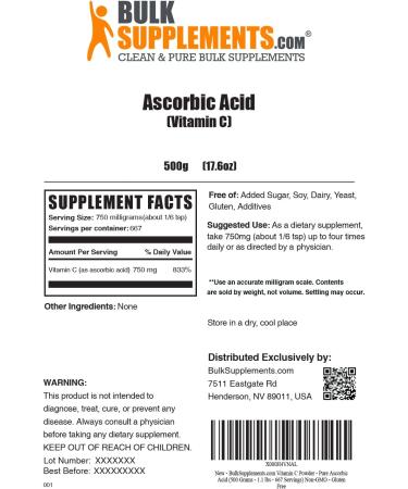 BulkSupplements Vitamin C Powder - 500g | Pure Ascorbic Acid for Immune Support - Buy Online on GoSupps.com