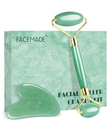 FACEMADE Gua Sha and Jade Roller, Guasha Massage Facial Tool for Eyes, Neck Body Skin Care, Beauty Natural Jade Stone for Relieving Wrinkles and Firming Green