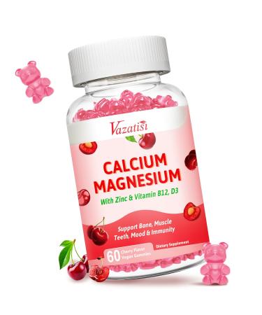 Calcium Magnesium Zinc Gummies, Calcium Magnesium 2:1 Ratio with Vitamin D3 & B12 for Support Muscle, Mood and Immunity, 60 Vegan Cherry Flavor Gummies Cherry 60 Count (Pack of 1)