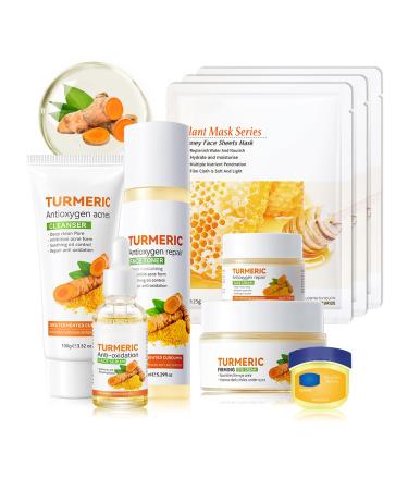9 Pcs Turmeric Skin Care Set with Facial Cleanser Toner Face Serum Face Cream Eye Cream Moisturizing Lip Balm Hydrating Face Sheet Masks Skin Care Kit for Women and Men