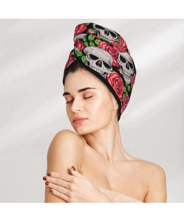 Skull and Roses Microfiber Hair Towel - Soft Super Absorbent Quick Dry Cap for Long Curly & Thick Hair - Buy Online on GoSupps.com