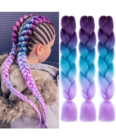 Colorfulpanda 3 pieces ombre jumbo braid art hair 24 inch 100g KanCalon hair braid extensions for crochet twist lichen (darkelila/blue/light purple)