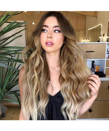 Lativ Long Wavy Wig For Women Ombre Brown Wigs Middle Part Curly Synthetic Hair Natural Looking Dark Roots Heat Resistant Fiber For Daily Party Use Ombre Brown Blonde