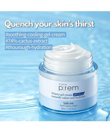 MAKEPREM Safe Me Relief Watery Gel Cream pH 5.5 2.70 Fl Oz | Calming Hydration with JEJU Cactus Extracts & Hyaluronic Acid - Buy Online on GoSupps.com