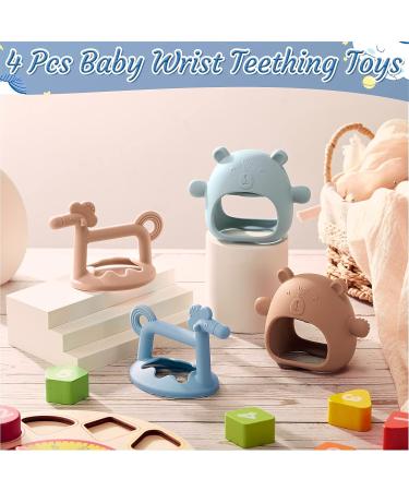 Silicone Bear Teething Toys Set - Anti-Drop Baby Teether Pacifier for Pain Relief and Chewing Needs - 4 Pieces (Blue, Caramel, Pink) - Buy Online on GoSupps.com