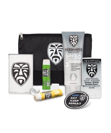 Headhunter Reef Safe Sunscreen Travel Bag - Broad Protection for Face  Lip  Body - Includes SPF 50 Cream  SPF 45 Face Stick  SPF 30 Lip Balm - Natural Mineral Sunblock for Surfing  Watersports (Premium Clear White)