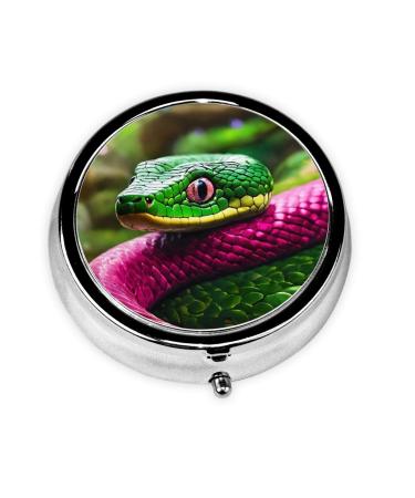 Green Snake Print Round Mini Medicine Storage Box Round Mini Pill Box Portable Pill Box 3 Compartment