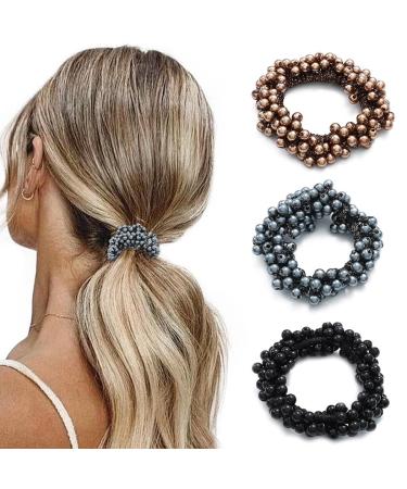 Brinie Hair Ties Champagne Elastic Hair Scrunchies Pearl Hair Bands Bead Hair Ropes Hair Accessories for Women and Girls (Pack of 3) (set3)